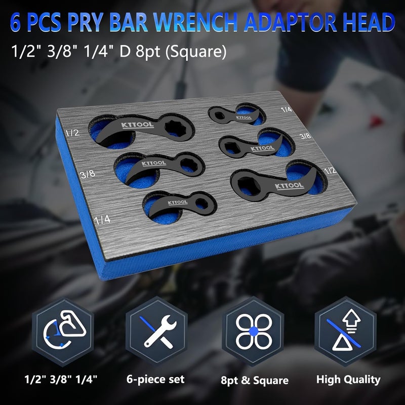 KTTOOL Store 6 Pcs Pry Bar Wrench Adaptor Head Set, Crowbar Adapter Head Tool, Half Shaft Removal Car Repairing Tools 1/2" 3/8" 1/4" D 8pt (Square) Profile - Image 2
